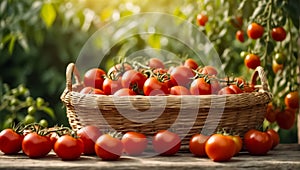 Harvest of ripe tomatoes in a basket in the vegetable garden season vegetable