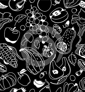 Harvest seamless pattern with white linear pumpkin, mushroom, grape, apples and pears on black background. Vector illustration