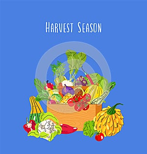 Harvest season autumn vector card with vegetables on blue background. Harvest fest poster, fall background design. Thanksgiving