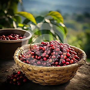 Harvest Serenity: Arabica Splendor with Ripe Coffee Cherries Basket