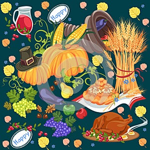 Harvest set, organic foods like fruit and vegetables, happy thanksgiving dinner background, vector illustration