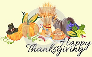 Harvest set, organic foods like fruit and vegetables, happy thanksgiving dinner background, vector illustration