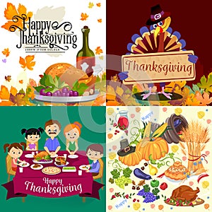 Harvest set, organic foods like fruit and vegetables, happy thanksgiving dinner background, vector illustration