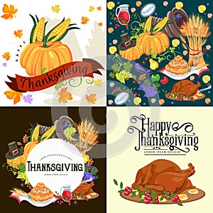 Harvest set, organic foods like fruit and vegetables, happy thanksgiving dinner background, vector illustration