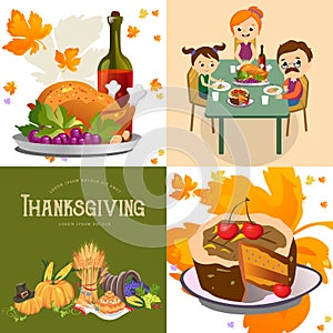 Harvest set, organic foods like fruit and vegetables, happy thanksgiving dinner background, vector illustration