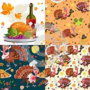 Harvest set, organic foods like fruit and vegetables, happy thanksgiving dinner background, vector illustration