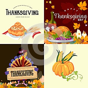 Harvest set, organic foods like fruit and vegetables, happy thanksgiving dinner background, vector illustration