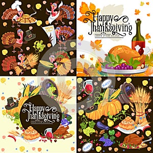 Harvest set, organic foods like fruit and vegetables, happy thanksgiving dinner background, vector illustration