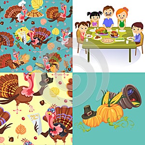 Harvest set, organic foods like fruit and vegetables, happy thanksgiving dinner background, vector illustration