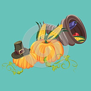 Harvest set, organic foods like fruit and vegetables, happy thanksgiving dinner background, vector illustration