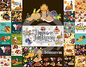 Harvest set, organic foods like fruit and vegetables, happy thanksgiving dinner background, vector illustration