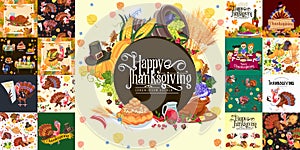 Harvest set, organic foods like fruit and vegetables, happy thanksgiving dinner background, vector illustration