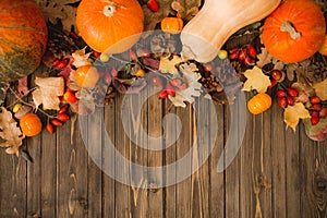 Harvest or Thanksgiving background with autumnal fruits and gourds on rustic wooden table