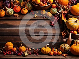 Harvest or Thanksgiving background with autumnal fruits and gourds on a rustic wooden table Ultra HD. Generative Ai. Ai Generated.