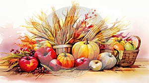 Harvest, thanksgiving day watercolor background. Festive autumn decor of ripe vegetables and fruits in vintage style