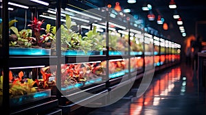 Harvest theme in vertical farming, plants grow on special shelves in optimal conditions