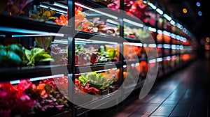 Harvest theme in vertical farming, plants grow on special shelves in optimal conditions