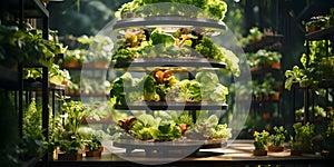 Harvest theme in vertical farming, plants grow on special shelves in optimal conditions