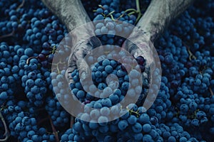 Harvest time: Close-up of weathered hands holding fresh grapes