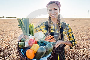 Harvest time in the country, woman farmer offering vegetables