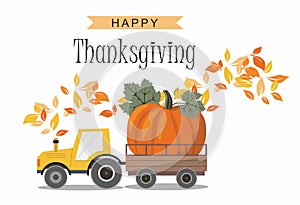 Harvest Truck with Pumpkin. Thanksgiving greeting card.