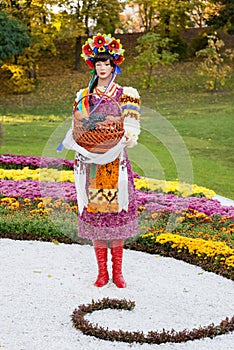 Harvest vegetables on fair trade in a wooden pavilion. Female mannequin holding basket full of fruits. Agricultural products
