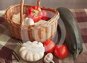 Harvest vegetables. Vegetables in a basket. Still life.