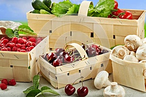 Harvest vegetables in wooden basket on light background