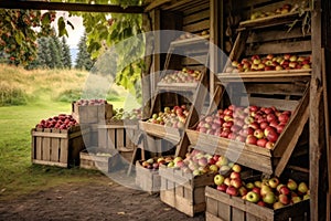 harvested apples in wooden crates at a rustic farm