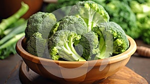 Harvested broccoli florets in wooden bowl