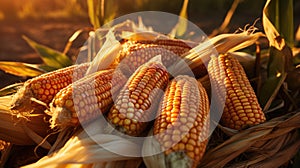 Harvested corn cobs in a cornfield