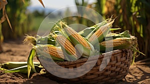 Harvested corn cobs in a cornfield