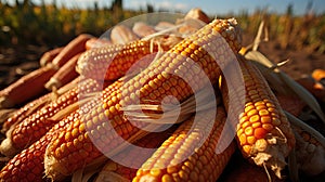 Harvested corn cobs in a cornfield