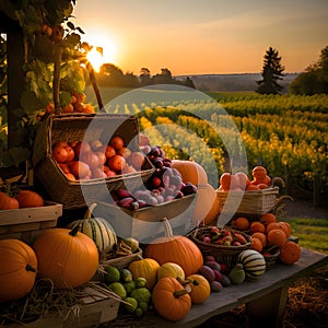 Harvested crops from the field on a wooden table in the background sunset over the field. Pumpkin as a dish of thanksgiving for