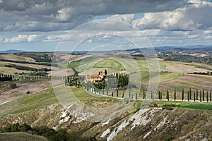 Harvested Fields and meadows landscape in Tuscany, Italy. Wavy country scenery at autumn sunset.