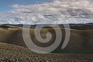 Harvested Fields and meadows landscape in Tuscany, Italy. Wavy country scenery at autumn sunset.