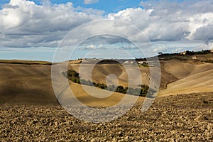 Harvested Fields and meadows landscape in Tuscany, Italy. Wavy country scenery at autumn sunset.