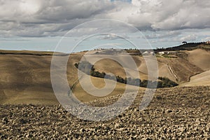 Harvested Fields and meadows landscape in Tuscany, Italy. Wavy country scenery at autumn sunset.