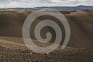 Harvested Fields and meadows landscape in Tuscany, Italy. Wavy country scenery at autumn sunset.