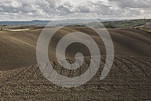 Harvested Fields and meadows landscape in Tuscany, Italy. Wavy country scenery at autumn sunset.