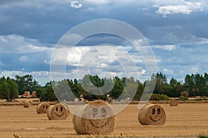 Harvested land with bales of hay with smileys
