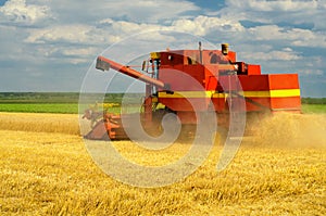 Harvester combine harvesting wheat