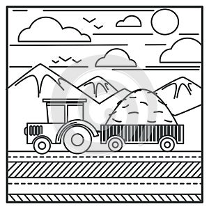 Harvester or farm tractor carrying hay in carriage outline drawing