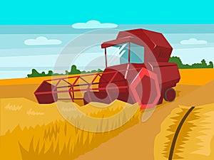 Harvester gather wheat cartoon vector illustration