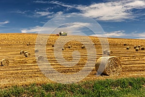 Harvester machine harvest cereal wheat and bale of hay