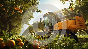 Harvester, machine picking oranges on plantation, garden, farm. Summer harvesting season. Daytime work