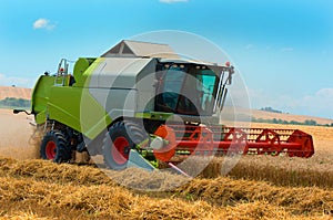 Harvester machine to harvest wheat field working. Agriculture
