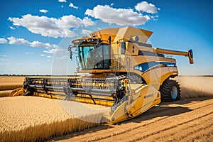 Harvester machine to harvest wheat field working. Combine harvester agriculture machine harvesting golden ripe wheat field.