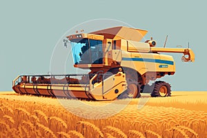 Harvester machine to harvest wheat field working. Combine harvester agriculture machine harvesting golden ripe wheat field.