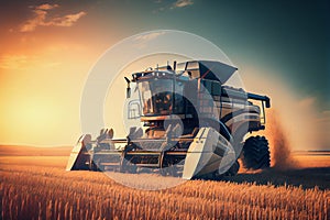 Harvester machine to harvest wheat field working. Combine harvester agriculture machine harvesting golden ripe wheat